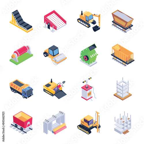 Mining Equipment Isometric Style Icons