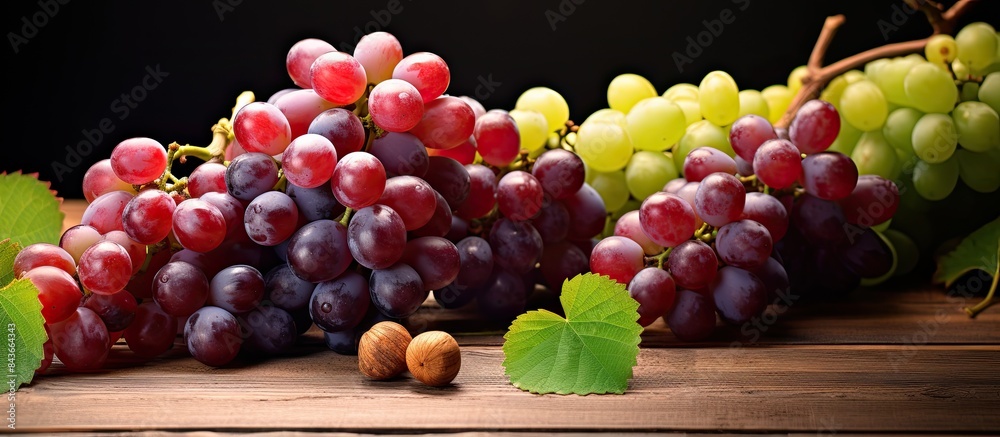Different fresh ripe juicy grapes and space for text on wooden table top view. copy space available Different fresh ripe juicy grapes and space for text on wooden table top view. copy space available