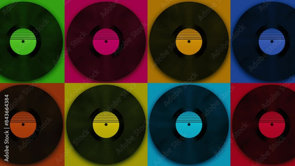 Spinning vinyl discs on simple colors background. Seamless looping footage.Old technology. Retro design. 3D animation of music record rotating. Loop animation. Retro music vintage, Synthwave style