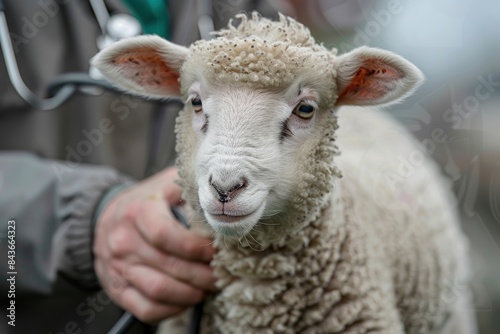 A veterinarian is seen conducting a thorough examination of a sheep, utilizing a stethoscope and other diagnostic equipment to assess the animal's condition. The image showcases the detailed process