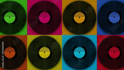Spinning vinyl discs on simple colors background. Seamless looping footage.Old technology. Retro design. 3D animation of music record rotating. Loop animation. Retro music vintage, Synthwave style