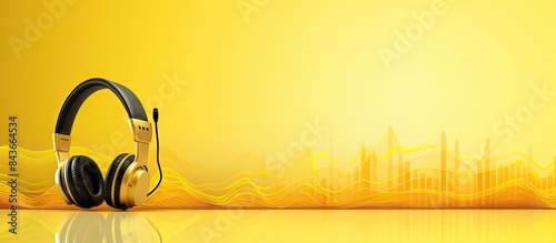 Yellow background banner with a professional microphone waveform and headphones Perfect for podcast or recording studio copy space image