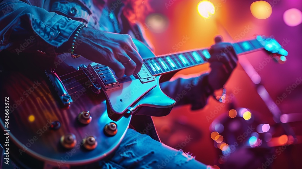 Obraz premium Close-Up of Guitarist Playing Electric Guitar on Stage Under Vibrant Lights During Live Rock Concert