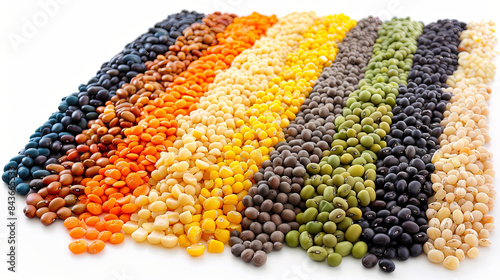 A row of different colored beans and peas are spread out on a white background
