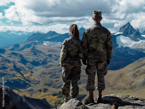 A man and woman in military uniforms stand on a mountain top. The man is wearing a green jacket and the woman is wearing a brown jacket. They are both looking out over the mountains