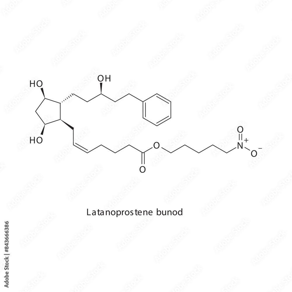 Obraz premium Latanoprostene bunod flat skeletal molecular structure Prostaglandin Analogue drug used in Glaucoma treatment. Vector illustration scientific diagram.