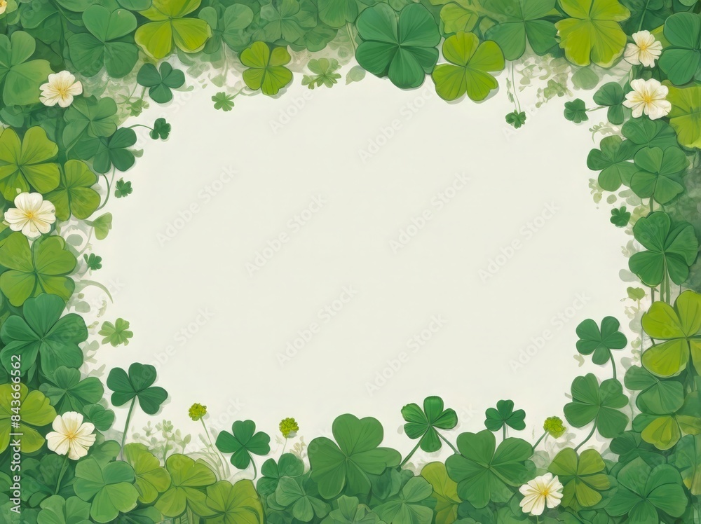 A festive shamrock frame with lush green clovers and delicate white flowers, creating a vibrant and cheerful border. Shamrock Frame A festive shamrock frame with lush green clovers and delicate white flowers, creating a vibrant and cheerful border. Shamrock Frame