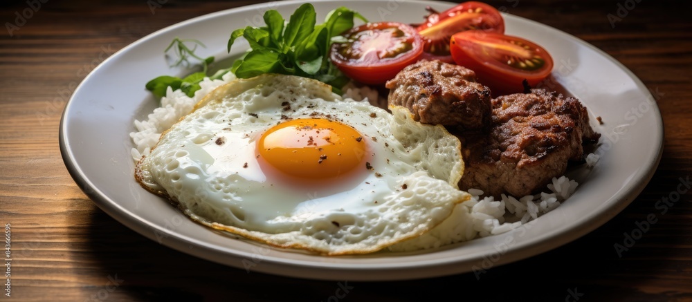 Fried egg meat chicken roll rice and tomatoes Paleo breakfast. copy space available Fried egg meat chicken roll rice and tomatoes Paleo breakfast. copy space available