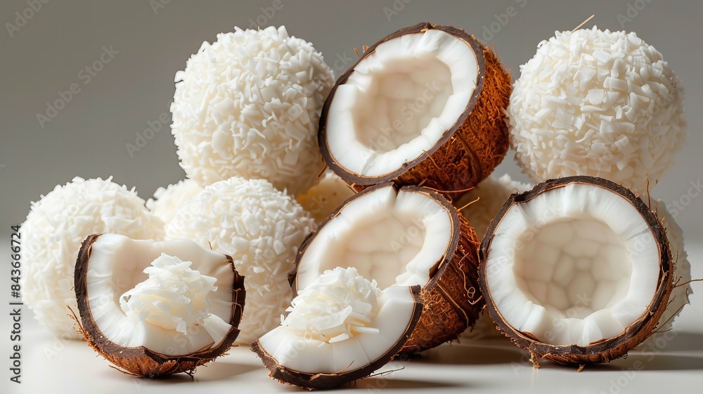 Coconut halves and coconut-covered sweets arranged against a neutral background, showcasing tropical indulgence.