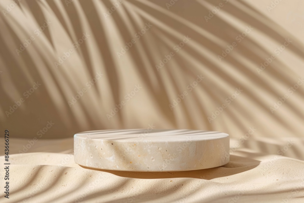 Premium Background for cosmetic products of natural beige color Stone podium on the sand background Premium Background for cosmetic products of natural beige color Stone podium on the sand background