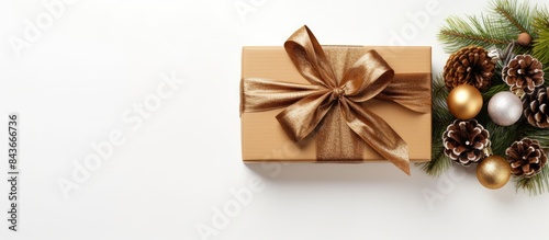 A festive Christmas gift box wrapped in brown packaging rests on a white background It is adorned with pine cones a fir branch silver and gold glittering balls of various shapes and an array of ribbo photo
