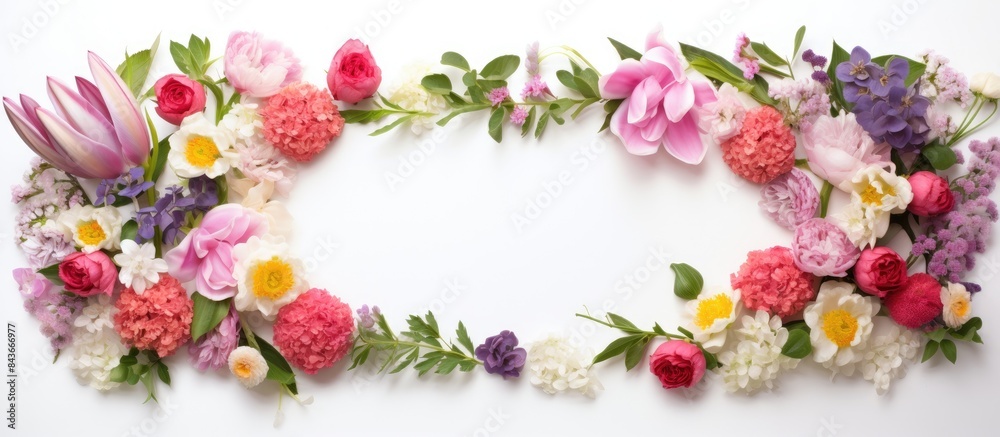 Frame with fresh flowers on white background. copy space available Frame with fresh flowers on white background. copy space available