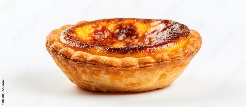 A Portuguese egg tart on white isolated background with copy space A Portuguese egg tart on white isolated background with copy space