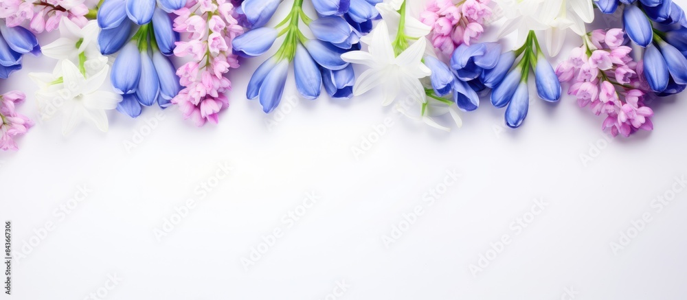 Spring decoration Frame of flowers white snowdrops blue scilla violet pink hollowroot on a white background with space for text Top view flat lay. copy space available Spring decoration Frame of flowers white snowdrops blue scilla violet pink hollowroot on a white background with space for text Top view flat lay. copy space available
