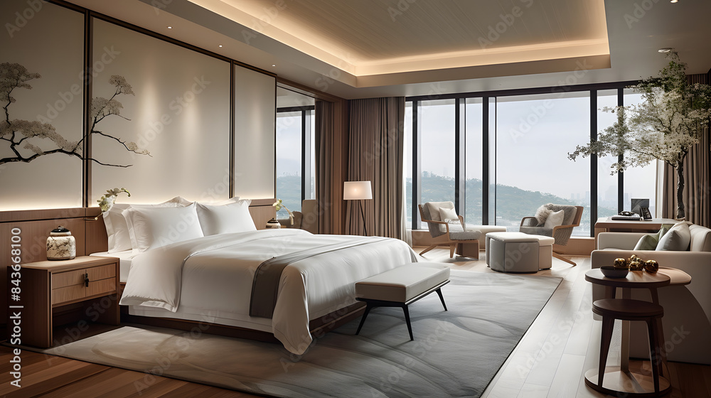 Fototapeta premium Luxurious Modern Bedroom with Large Windows and Scenic View