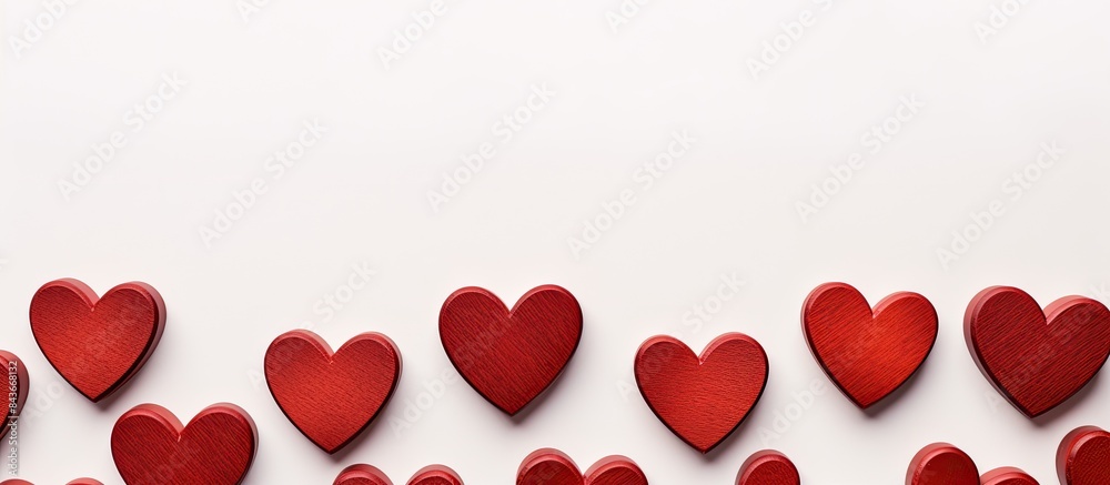 Valentine s day or wedding Red wooden decorative hearts on abstract white background luxury cloth silk or satin textile with copy space Valentine s day or wedding Red wooden decorative hearts on abstract white background luxury cloth silk or satin textile with copy space