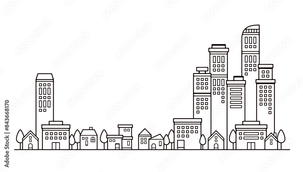 Obraz premium 都会のビルと街並みのシンプルな線画のかわいい背景イラスト