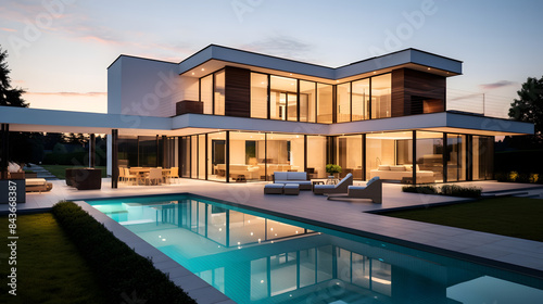 Modern Luxury House with Pool and Evening Lighting © bharath