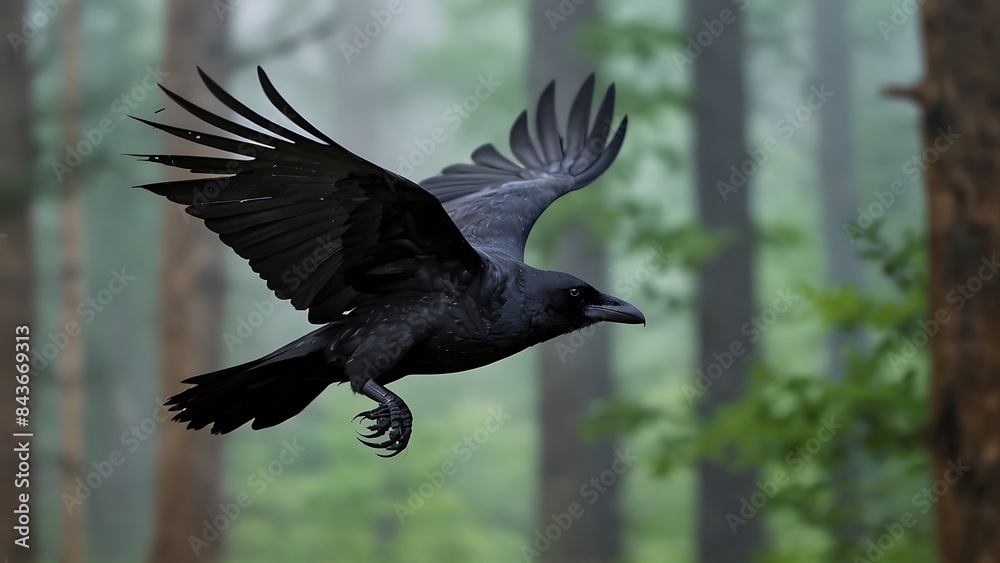 Obraz premium Black Crow Flying In The Forest