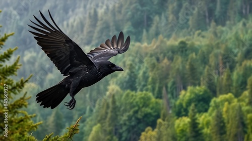 Wings of Ebony: A Black Crow's Journey Amidst the Trees