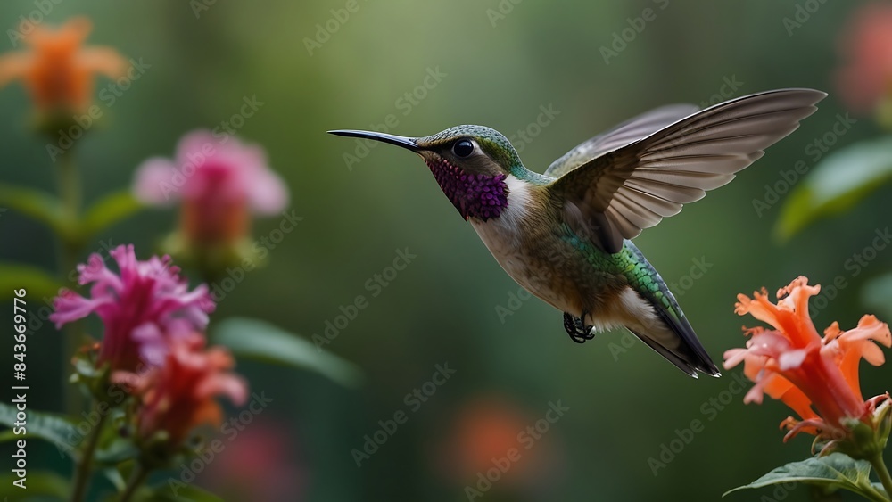 Fototapeta premium Whispers of Spring: Hummingbird Meets Flower