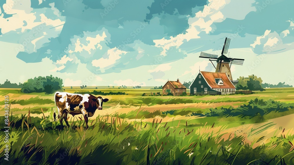 Fototapeta premium Artistic painting of rural countryside scene with traditional windmill and cow