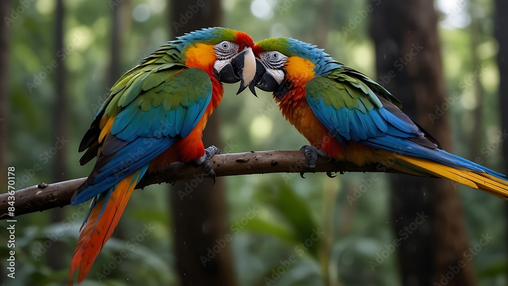 Fototapeta premium A blue and yellow macaw sits on a branch.