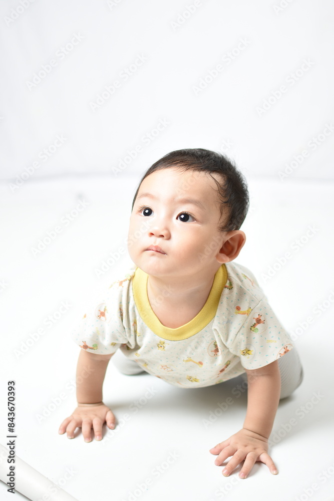 A curious baby with bright, wide eyes and a gentle expression, crawling on the floor. Dressed in a cute, animal-themed outfit, the baby looks upwards, capturing a moment of innocent wonder. A curious baby with bright, wide eyes and a gentle expression, crawling on the floor. Dressed in a cute, animal-themed outfit, the baby looks upwards, capturing a moment of innocent wonder.