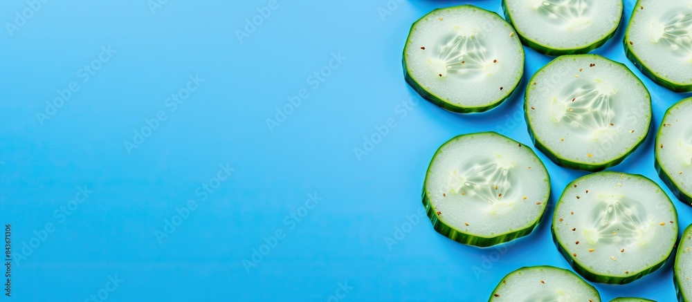 Slices of cucumber on blue background. copy space available Slices of cucumber on blue background. copy space available