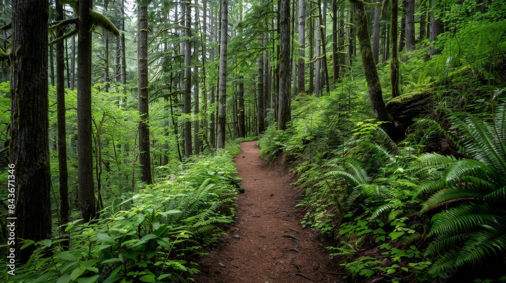 Obraz premium scenic hiking trail through a lush forest, exercise, nature, adventure, hiking