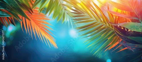 Tropical background Palm leaves Bright sunny colors Copy space