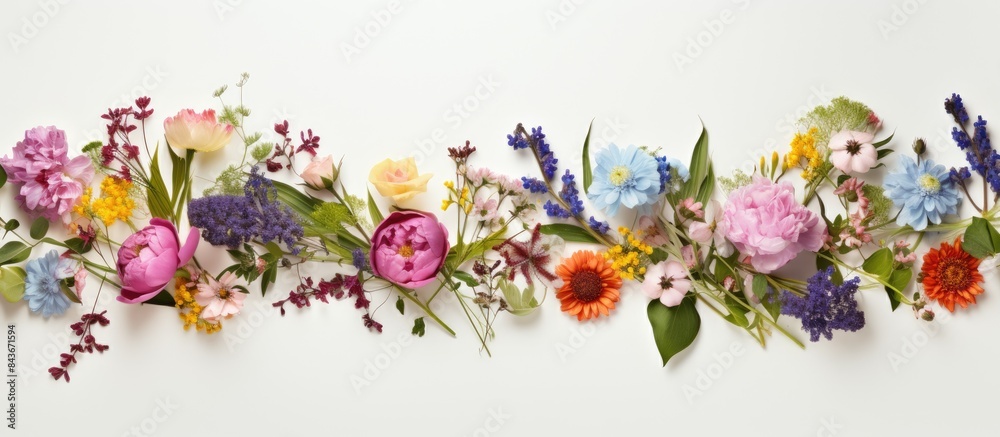Fototapeta premium floral border made with natural fresh flowers buds leaves and stems. copy space available