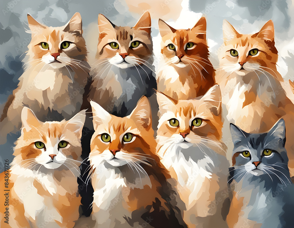 Artistic image of a flock of cats. collection of canvas art animal paintings Artistic image of a flock of cats. collection of canvas art animal paintings