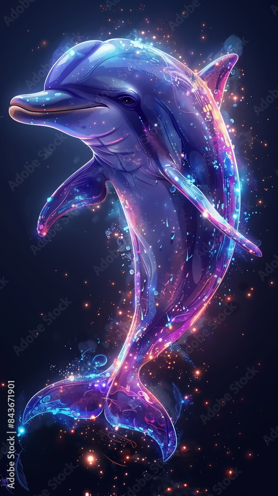 Neon colorful of Dolphin in the deep sea Neon colorful of Dolphin in the deep sea