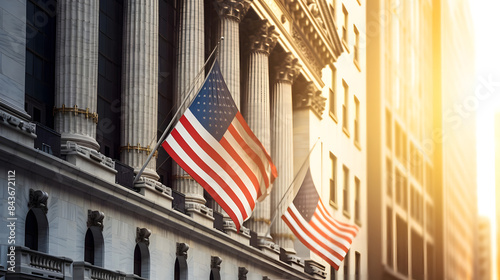 Wall Street Building with American Flags and Financial District Atmosphere