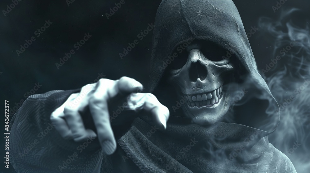 Close-up of a menacing skeleton in a hooded cloak pointing forward with a dark, smoky background.
