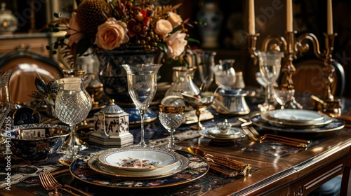 Closeup of a beautifully set dining table featuring ornate tableware, fine cutlery, and an elaborate centerpiece with delicate flowers