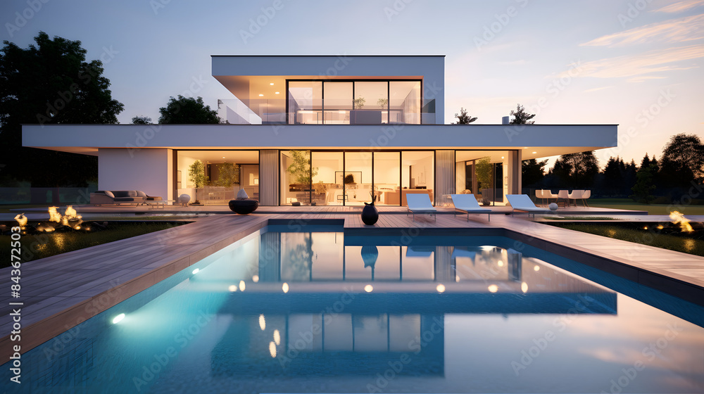 Obraz premium Modern Luxury Villa with Pool and Evening Lighting