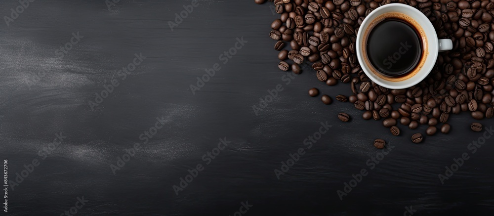 Coffee cup coffee beans and canvas bag on black table background Top view. copy space available Coffee cup coffee beans and canvas bag on black table background Top view. copy space available