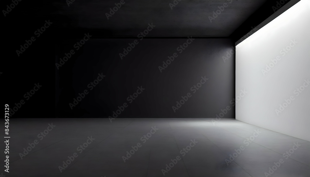 Dark gray wall in an empty room with a concrete floor on digital art concept, Generative AI. Dark gray wall in an empty room with a concrete floor on digital art concept, Generative AI.