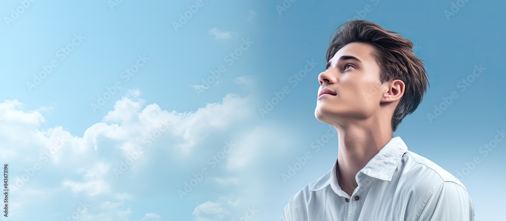 Young caucasian man isolated on blue background relaxed thinking about something looking at a copy space Young caucasian man isolated on blue background relaxed thinking about something looking at a copy space