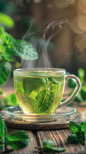 A cup of green tea with mint leaves on top