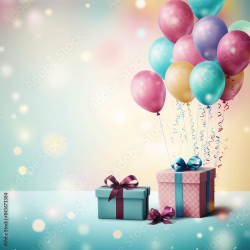 Happy Birthday background with cupcake, party hat and gift box on blur background 