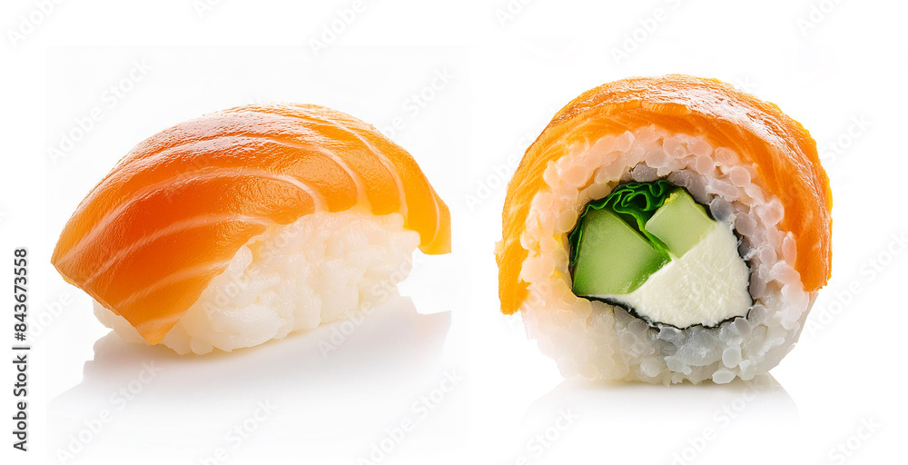 Sushi with fish - Nigiri and Futomaki. Tasty food with umami flavor. A great snack loved by all. Close-up of the detail. Sushi with fish - Nigiri and Futomaki. Tasty food with umami flavor. A great snack loved by all. Close-up of the detail.