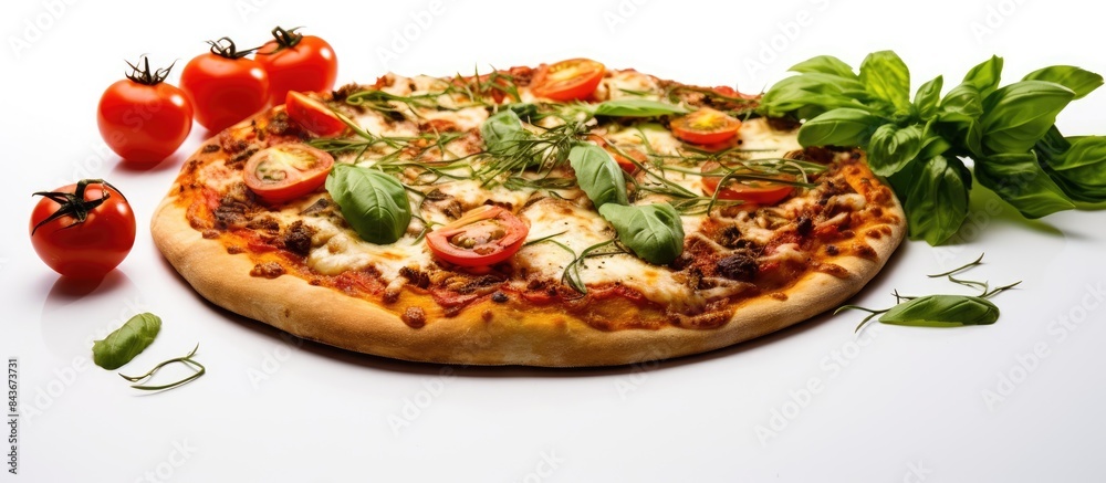 Fresh baked hot pizza on white background with copy space on the left side Vegetarian pizza with vegetables and basil Decorated with branch of cherry tomatoes Side view Fresh baked hot pizza on white background with copy space on the left side Vegetarian pizza with vegetables and basil Decorated with branch of cherry tomatoes Side view