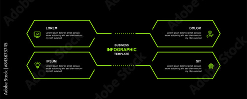 Simple line vector template infographic element with 4 step or option on black background