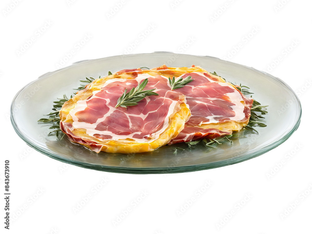 Saltimbocca alla Romana veal topped with prosciutto and sage served on a transparent glass plate Saltimbocca alla Romana veal topped with prosciutto and sage served on a transparent glass plate