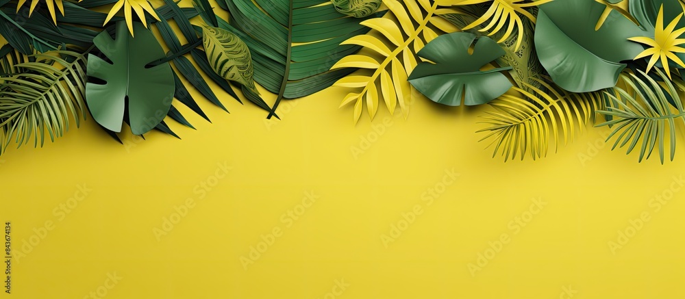 top view of paper cut green tropical leaves on yellow and green bright background with copy space panoramic shot