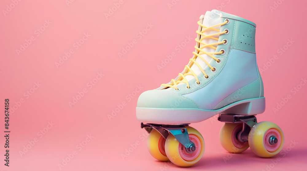 A cute roller skate with pastel colors and yellow laces on the wheels.against a pink background 