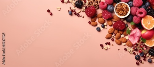 Fototapeta Naklejka Na Ścianę i Meble -  Homemade Granola with bluberries on pink background copy space Healthy snack or breakfast concept granola with grains nuts dry fruits berries